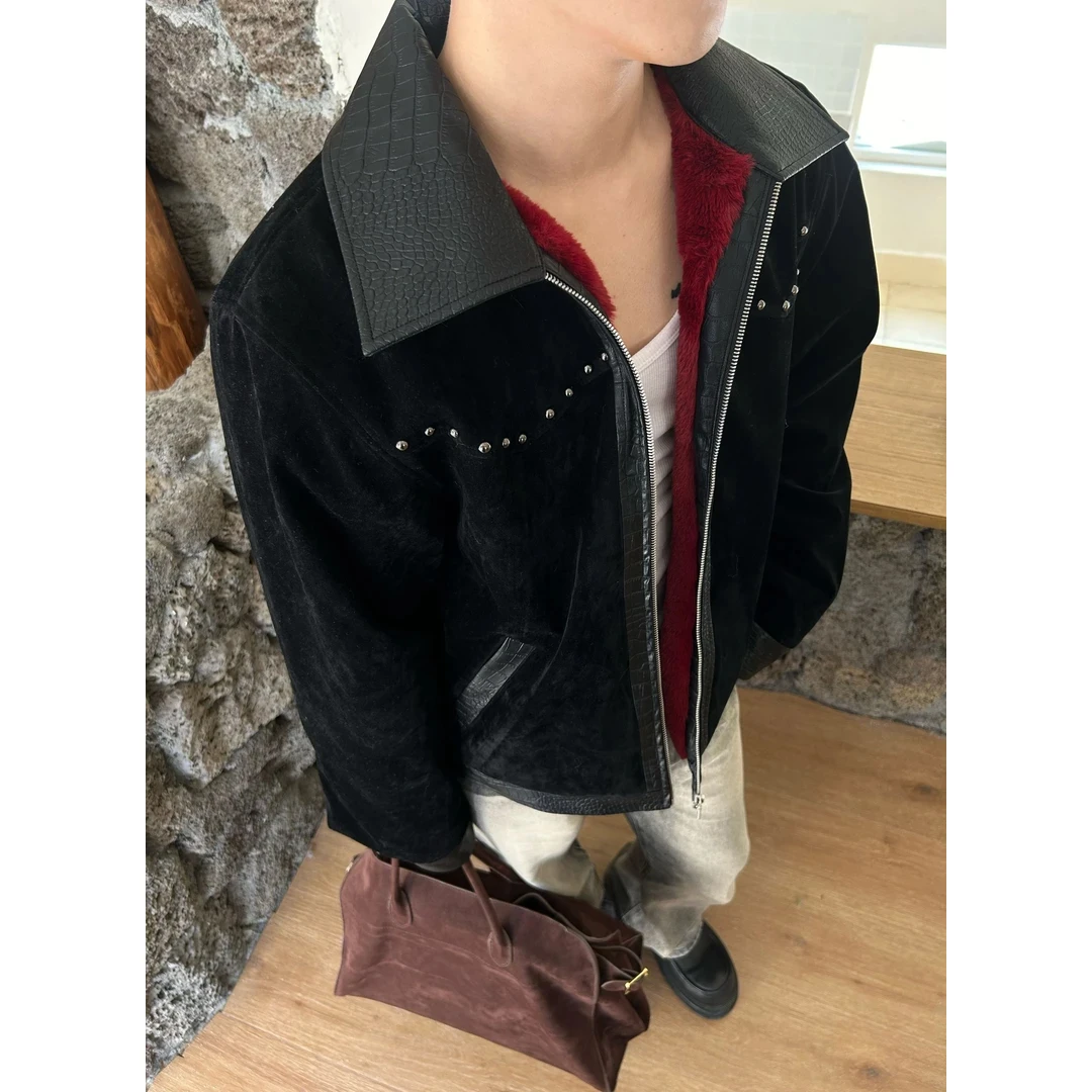 D32 座山蟒pu皮翻领夹克男女冬季高级感加厚绒面棉服外套