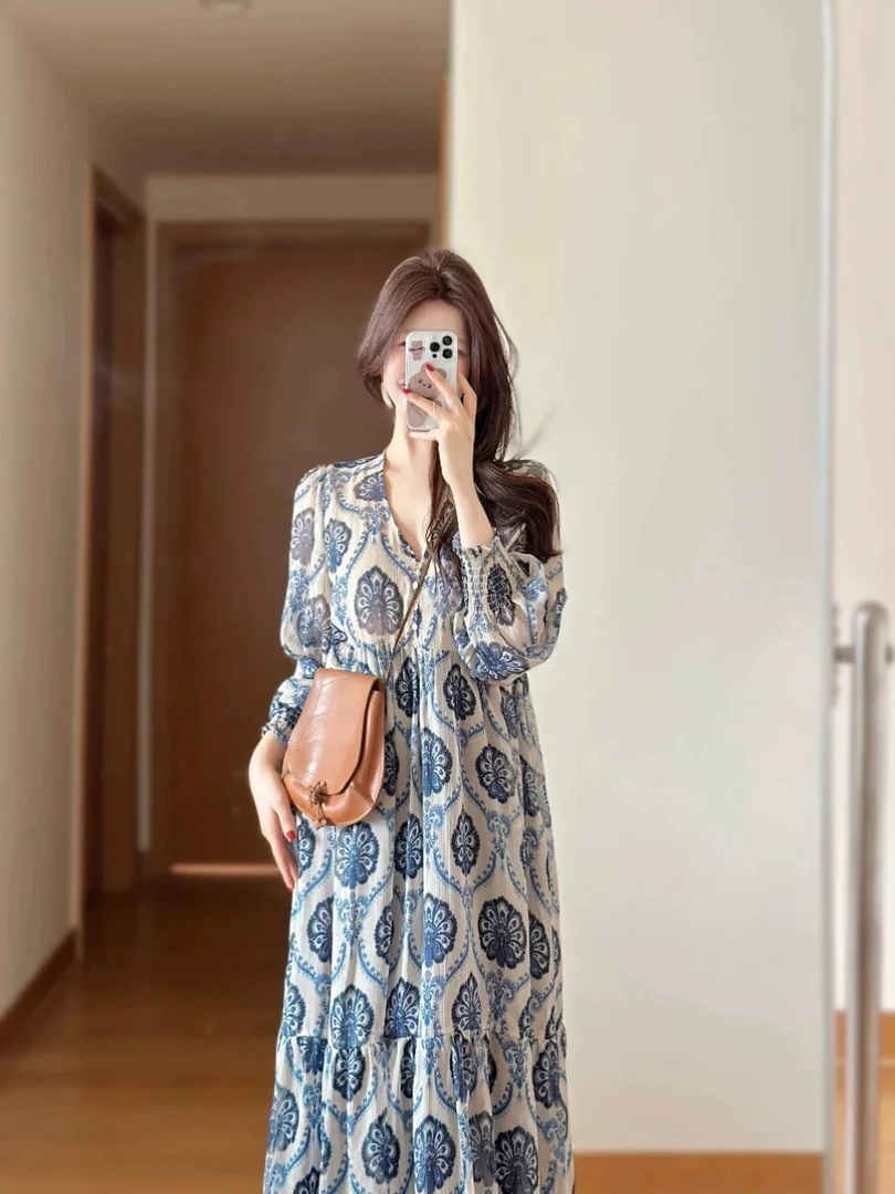 【青萝意象】新款印花复古茶歇连衣裙显瘦海边度假裙子女