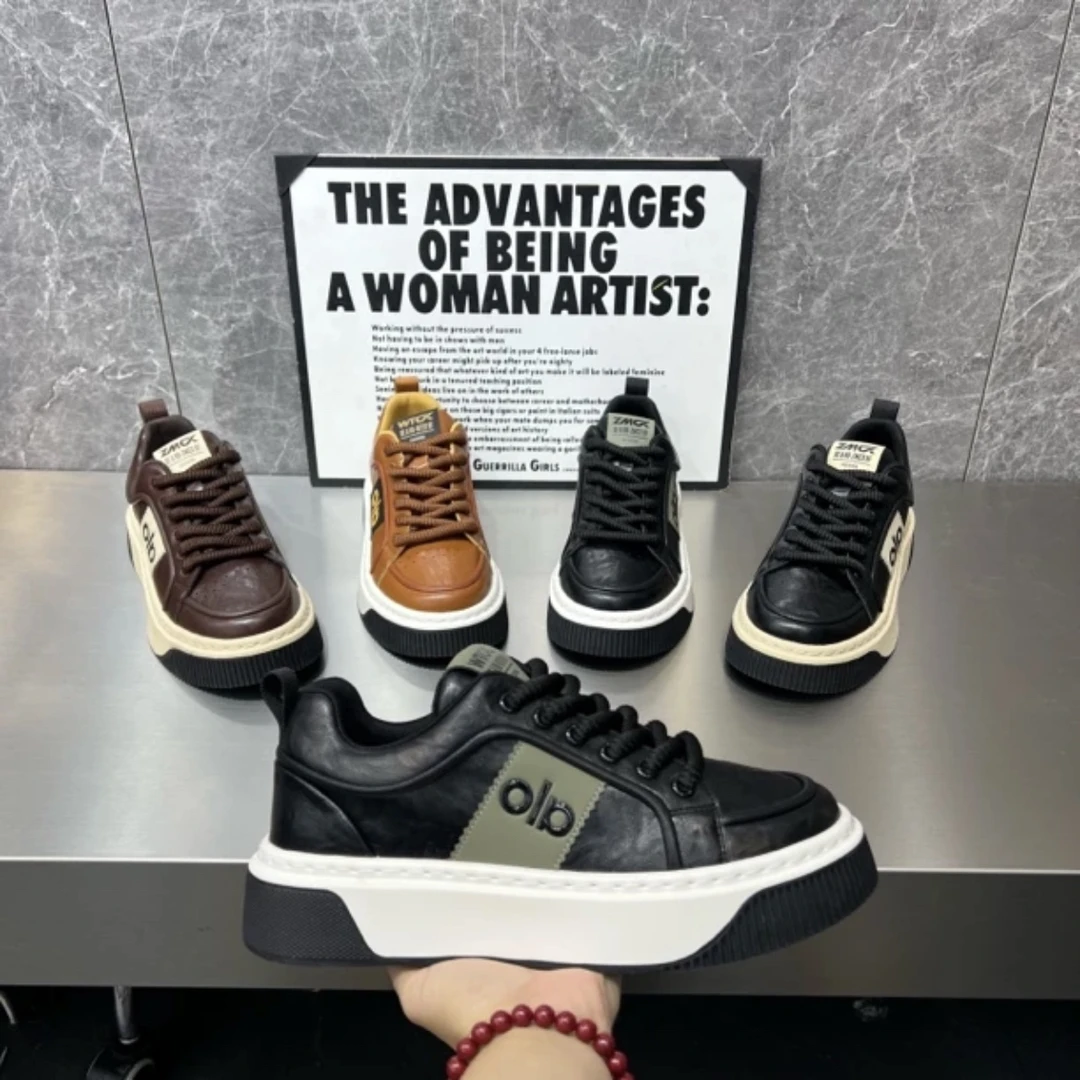 2025新款厚底油蜡皮增高板鞋时尚休闲鞋秋季潮流男鞋舒适百搭