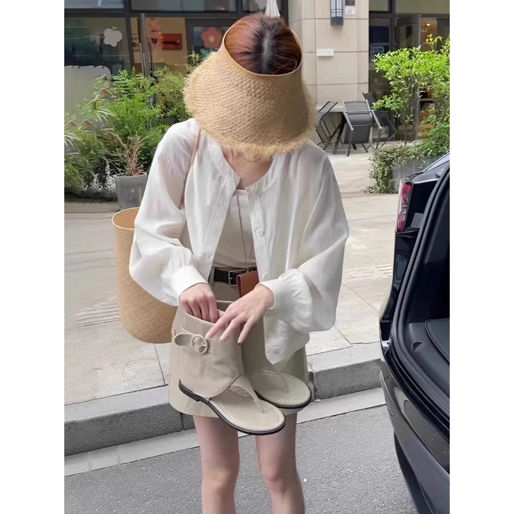 白色防晒衬衫外套女夏季小个子宽松薄款长袖衬衣开衫短款外穿上衣
