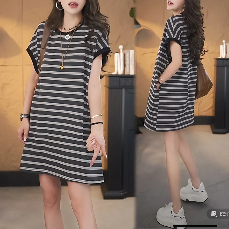 洋气中长款条纹短袖t恤女2025夏季新款百搭宽松显瘦潮流体恤上衣