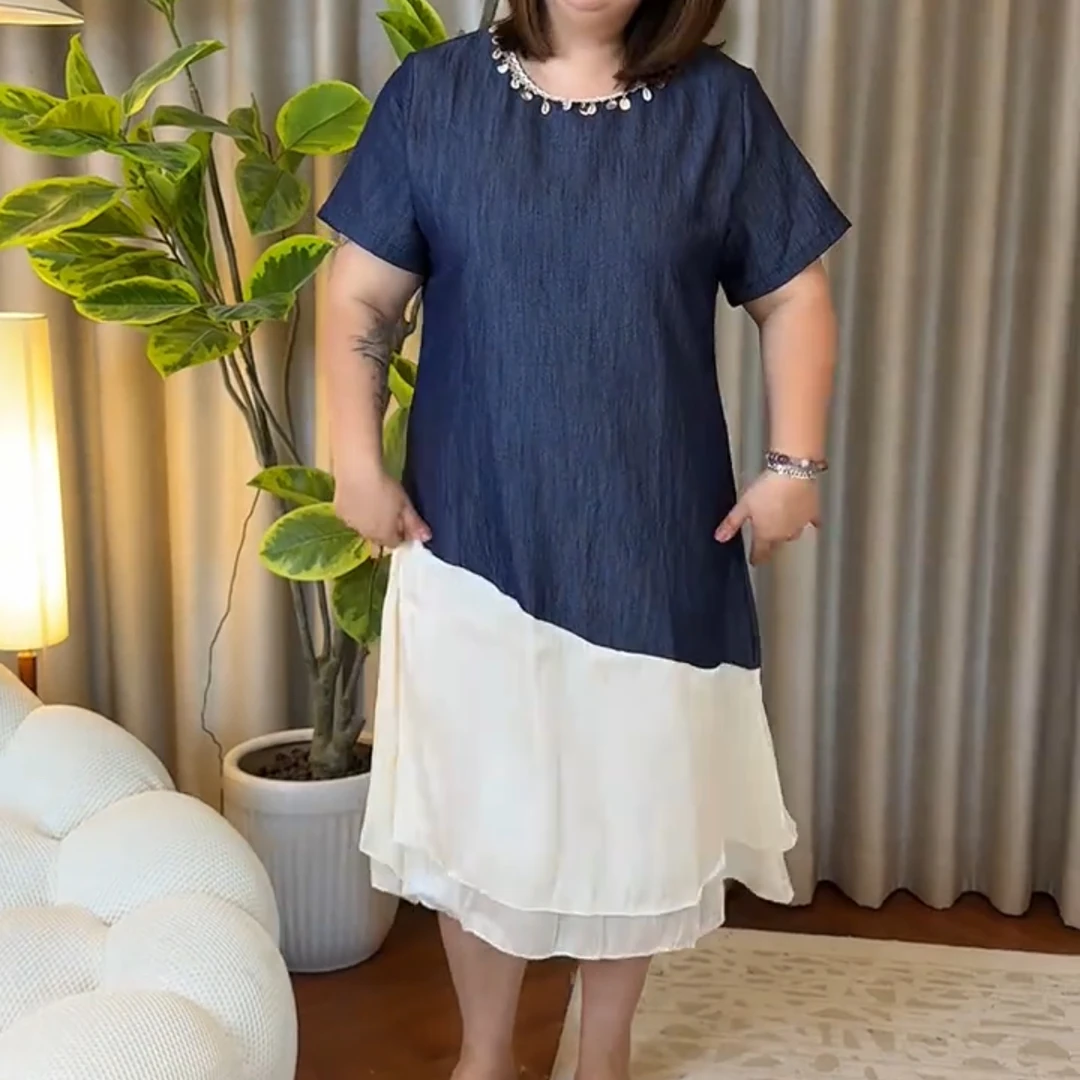 夏季新款时尚洋气法式饰品拼接气质轻奢复古百搭连衣裙