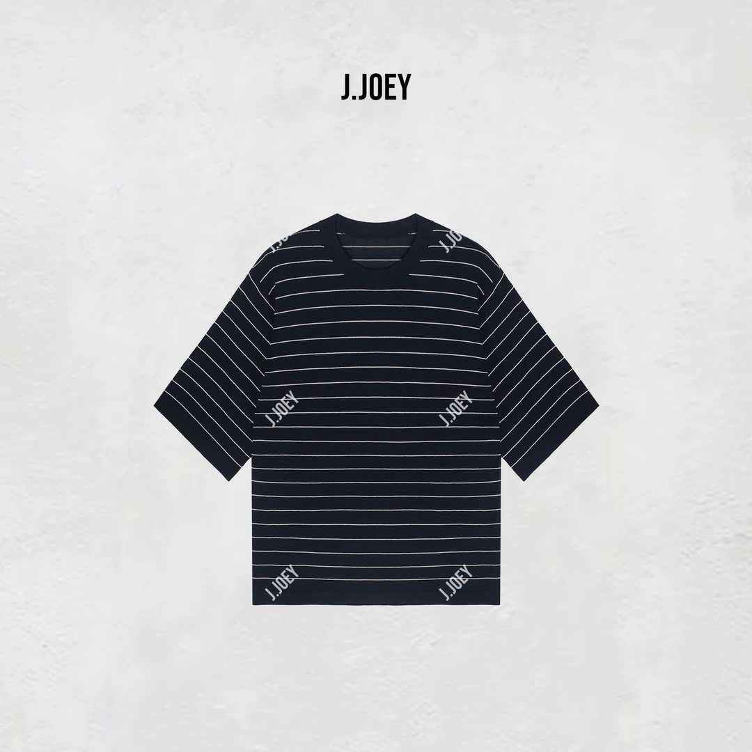 J.JOEY "100棉"夏季新款时尚极简风藏青条纹薄款圆领T恤 0995