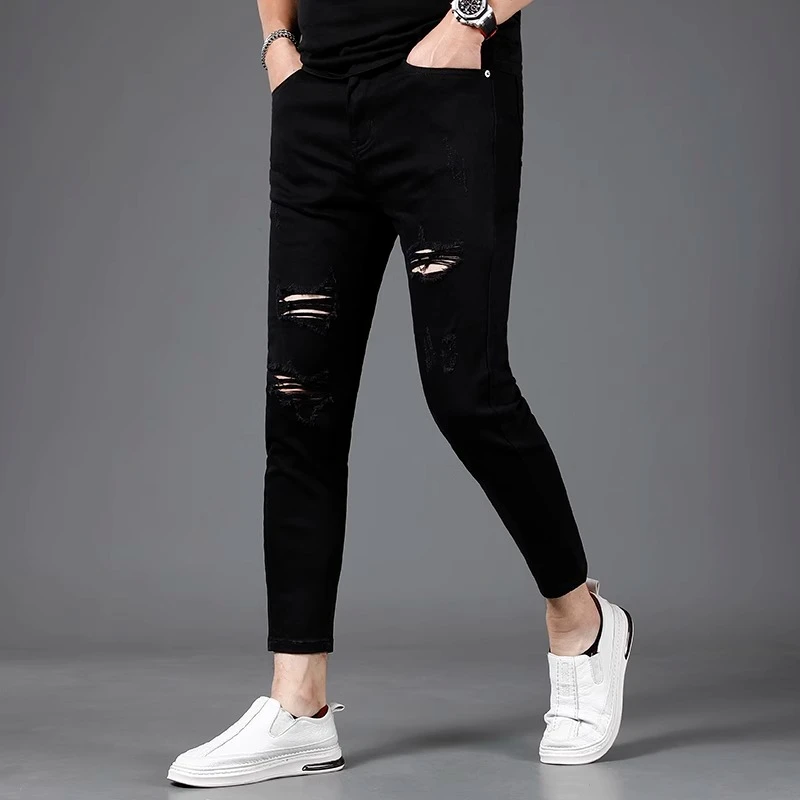 纯黑色破洞牛仔裤男九分裤夏季薄款2025新款修身小脚男士裤子潮流