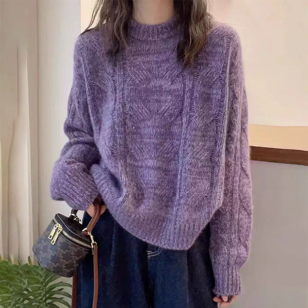 秋冬女紫色麻花毛衣宽松慵懒高级感减龄洋气内搭打底针织衫上衣