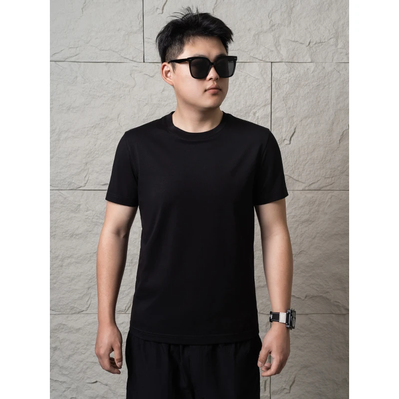 T恤男短袖夏季薄款透气时尚百搭圆领纯色弹力修身男士运动休闲