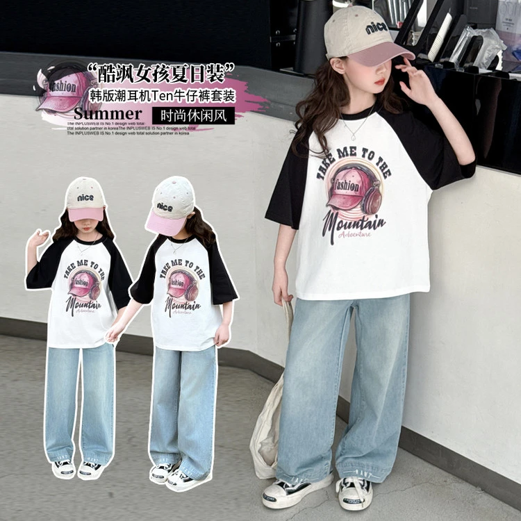 女童夏装套装2025新款夏季休闲洋气卡通耳机短袖短裤中大童两件套