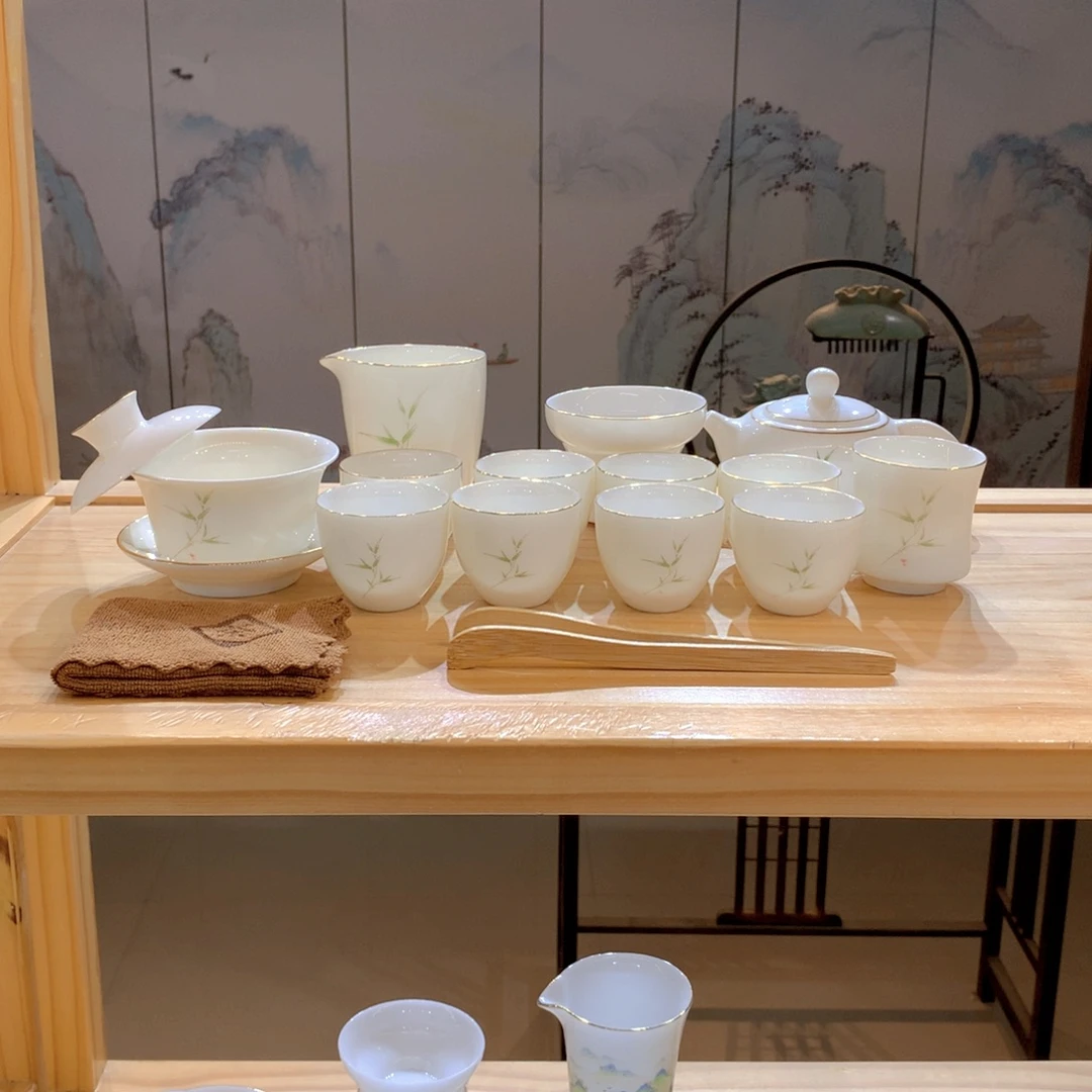 羊脂玉瓷竹报平安16件套功夫茶具