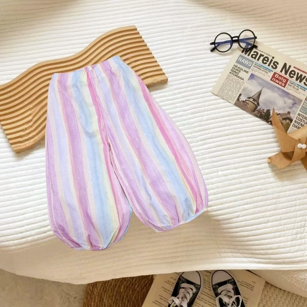 彩虹 夏季新款女童时尚洋气清新休闲裤透气百搭收口彩条裤子X39