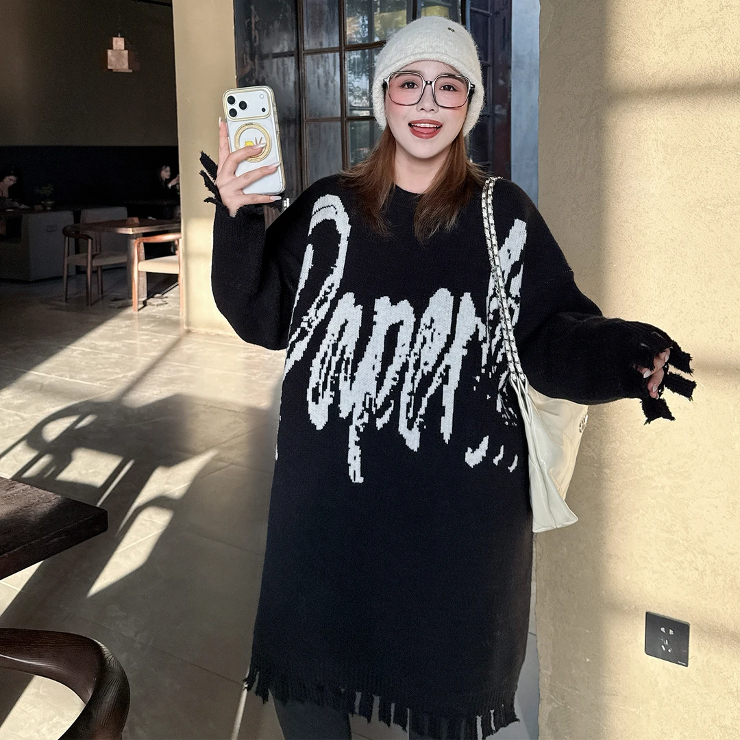 媛子大潮牌流苏连衣裙冬季宽松百搭胖mm小众设计款洋气毛衣裙