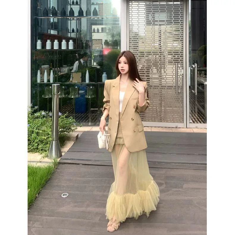 御姐高级感套装气质西装外套上衣女秋季网纱拼接高腰半身裙两件套