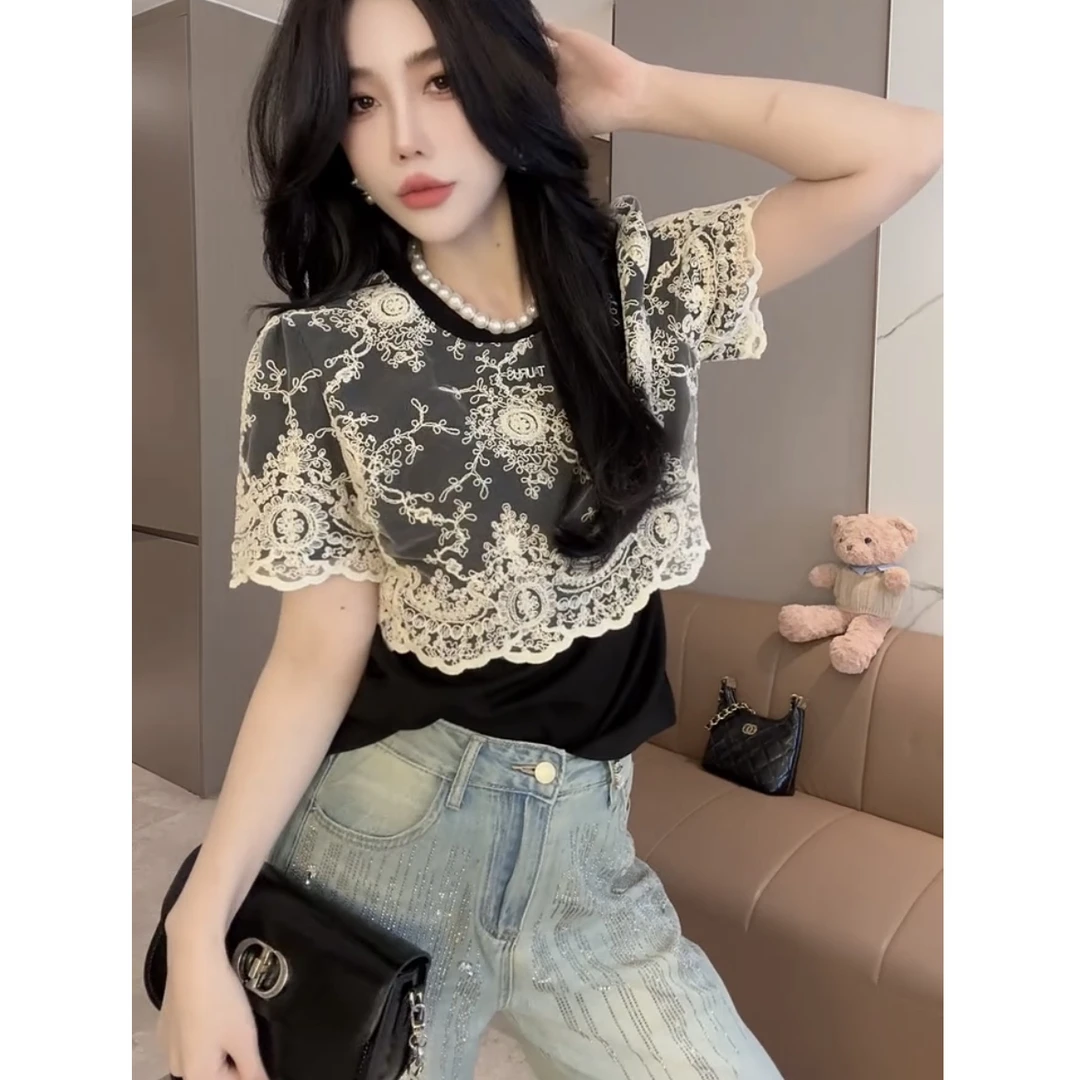 蕾丝半袖叠加设计时尚洋气小衫夏季新款上衣短款设计感拼接