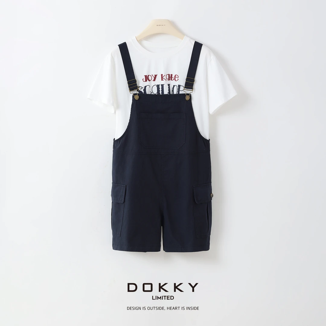 Dokky「童装-日杂小童星」重磅水洗棉.刺绣字母.女童短袖背带裤套装