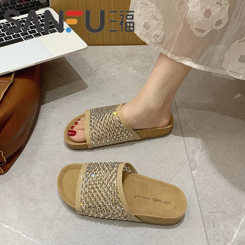 三福水钻高级感百搭一字拖女外穿2025年夏季新款舒适懒人配裙子凉