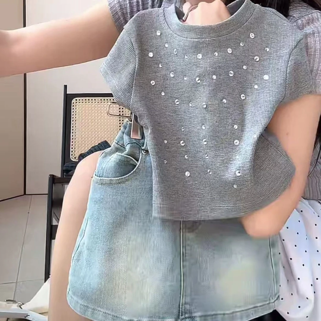 女童夏季时尚套装2025新款女宝宝休闲牛仔短裙中小童韩版两件套潮