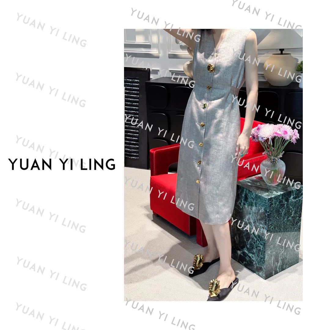 袁艺灵【艺术手稿】25夏季上新天丝亚麻老钱风通勤时髦气质女连衣裙
