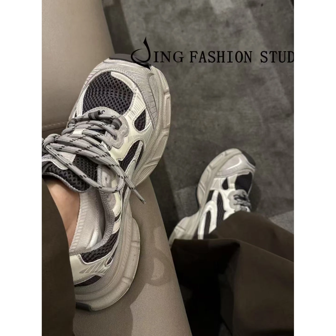 JING定制款秋季7229运动鞋时尚老爹鞋系带厚底潮鞋网面女鞋