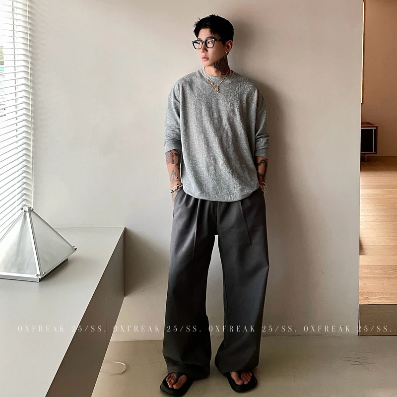 OXFREAK「罗纹松紧腰」通勤垂感灰色休闲裤男直筒宽松阔腿西装裤