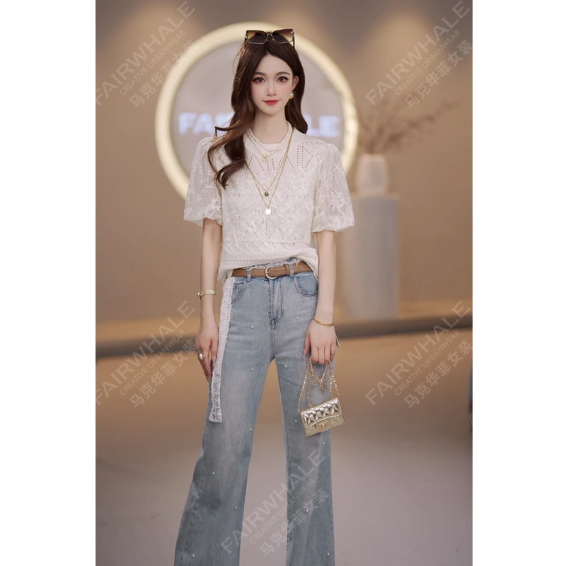 马克华菲女装夏季2025气质重工蕾丝刺绣薄款镂空透气小衫洋气法式