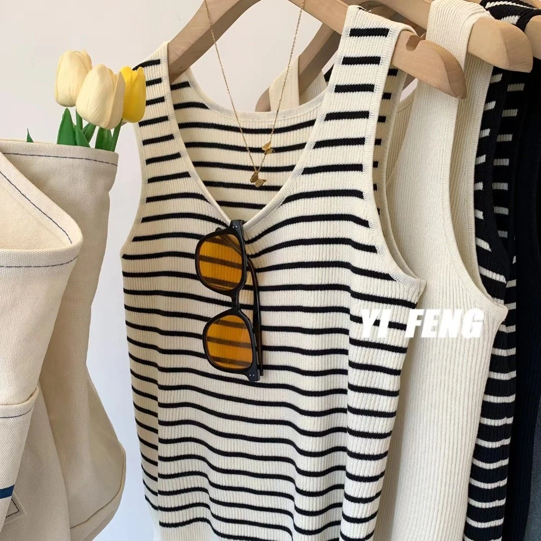 高品质冰丝吊带条纹针织背心女修身U领显瘦防晒衫内搭春夏无袖潮