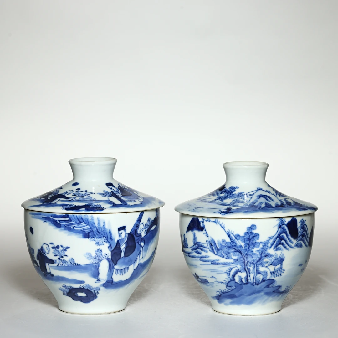 6205清.青花山水人物盖盅一对【古董拍卖】