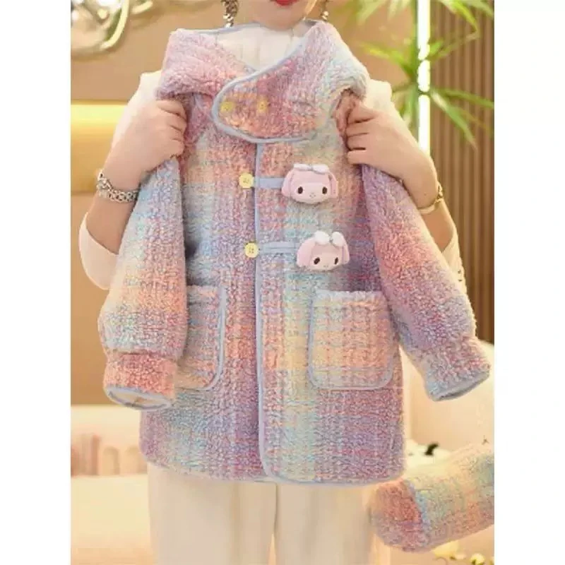 女童大衣加绒外套2024秋冬新款宝宝洋气时髦儿童格子一体绒外套