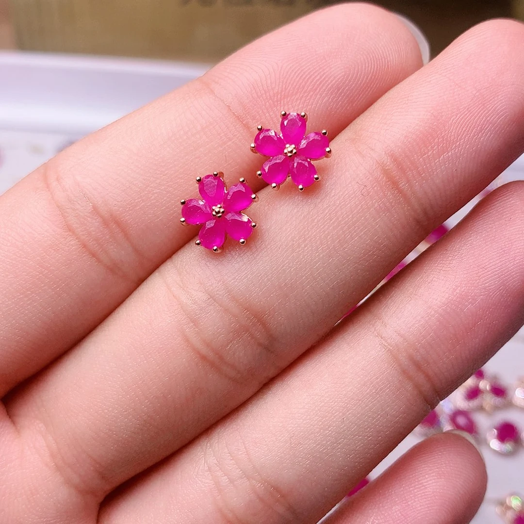 红宝石耳饰银S925镶嵌