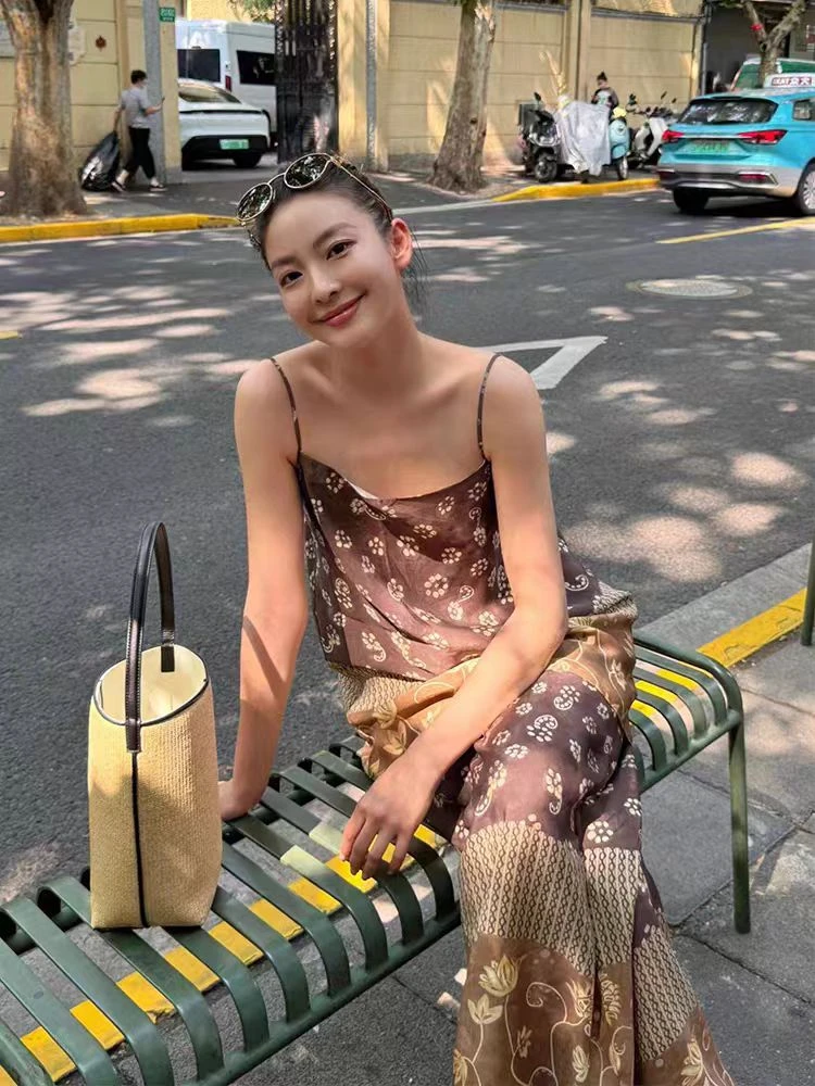 【安安专属】波西米亚风拼色印花吊带背心女小众松紧收腰阔腿裤套装