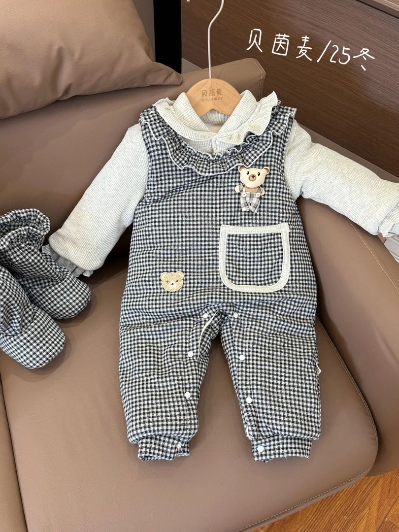 B.Y.WHEAT/贝茵麦400g背带新款男女宝冬夹棉加厚分体套装闭裆哈衣