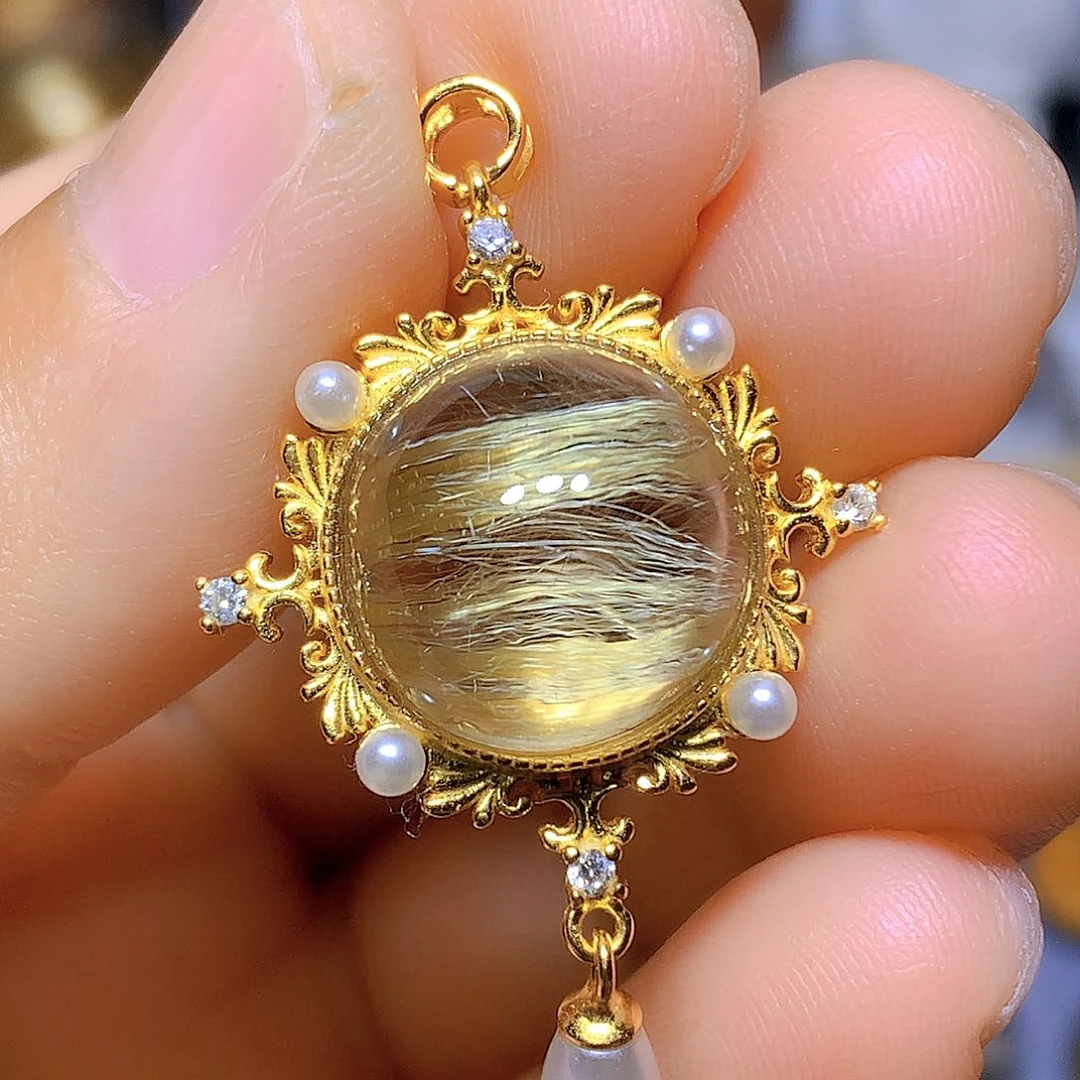 水晶吊坠银S925镀金镶嵌天然水晶