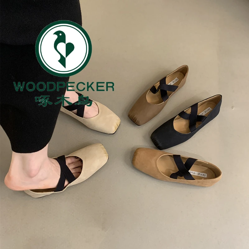 啄木鸟方头浅口单鞋女2025新款法式复古温柔风芭蕾舞平底玛丽珍鞋