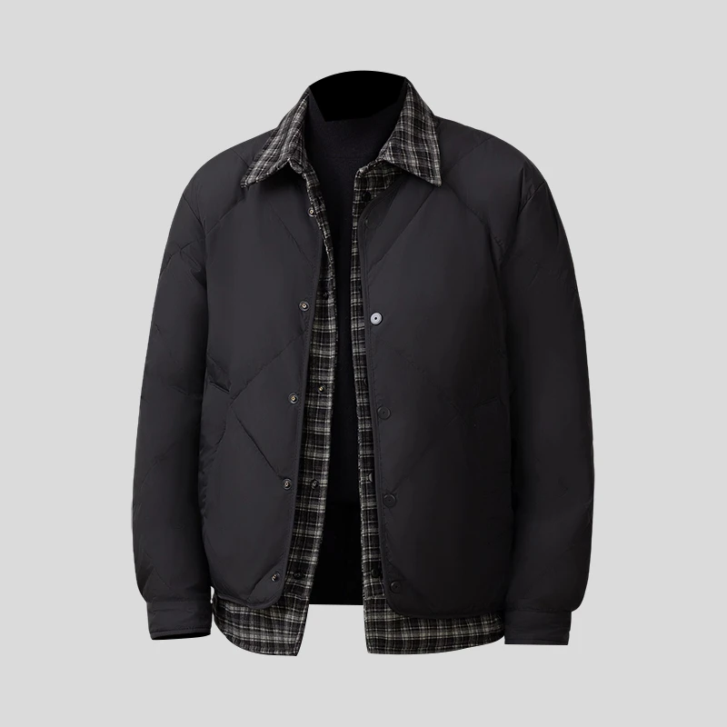 ohmmayby假两件格纹拼接羽绒外套翻领休闲时尚高级感冬季外套上衣