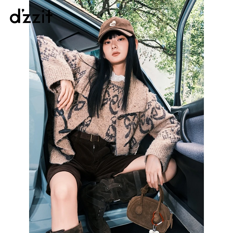 【商场同款新品】dzzit地素针织开衫25冬复古大翻领外套女3J4E5326W
