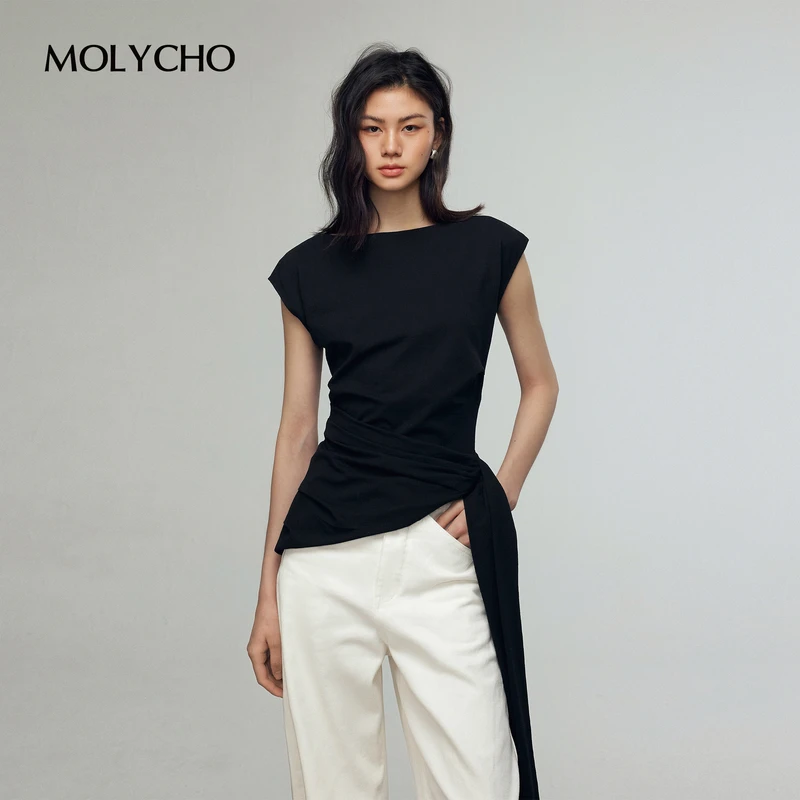 MOLYCHO黑色设计感不对称绑带无袖上衣女夏季新款一字领小飞袖T恤