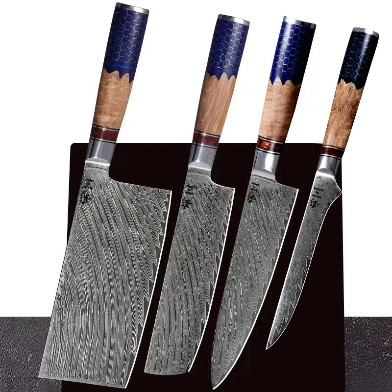《影》大马士革蜂窝树脂柳木羽毛纹四件套中式主厨平头万用刀钢套装