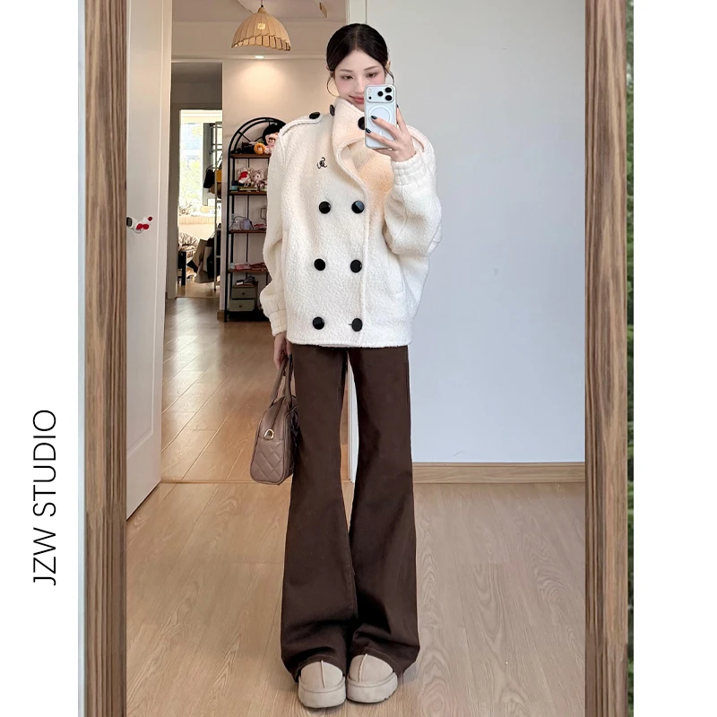 美拉德棕咖色厚实不贴腿高腰微喇牛仔裤女秋冬宽松显瘦拖地马蹄裤