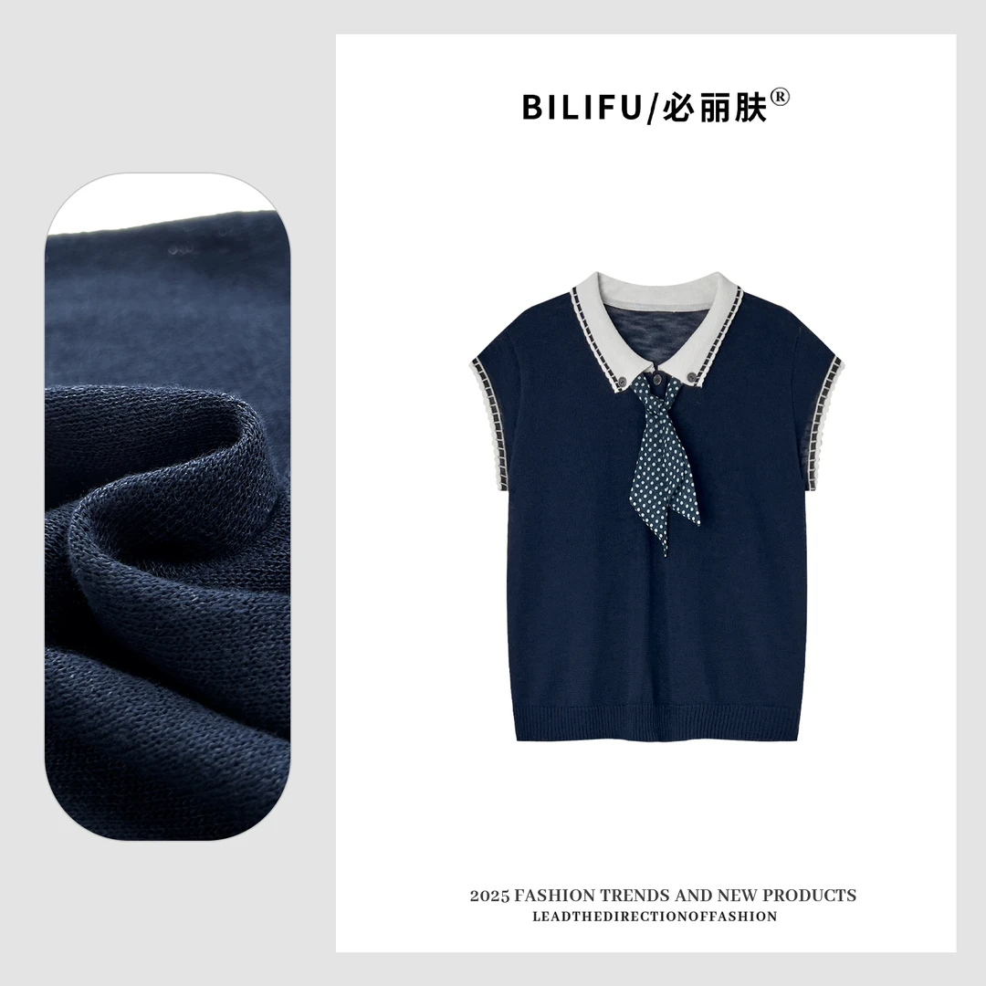 COCO DORIS 2025新款设计感波点丝巾翻领针织短袖通勤百搭上衣528