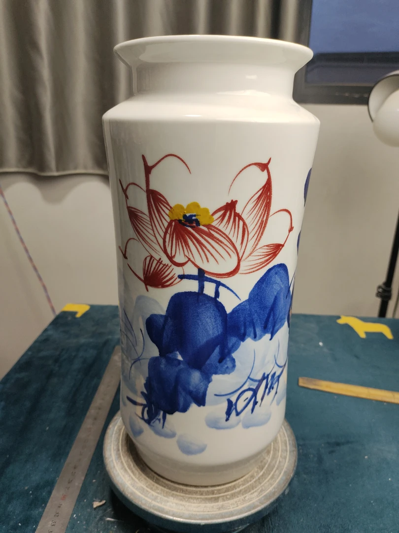 景德镇陶瓷手绘青花红荷花书画桶家居摆件玄关插花高36宽18口15cm