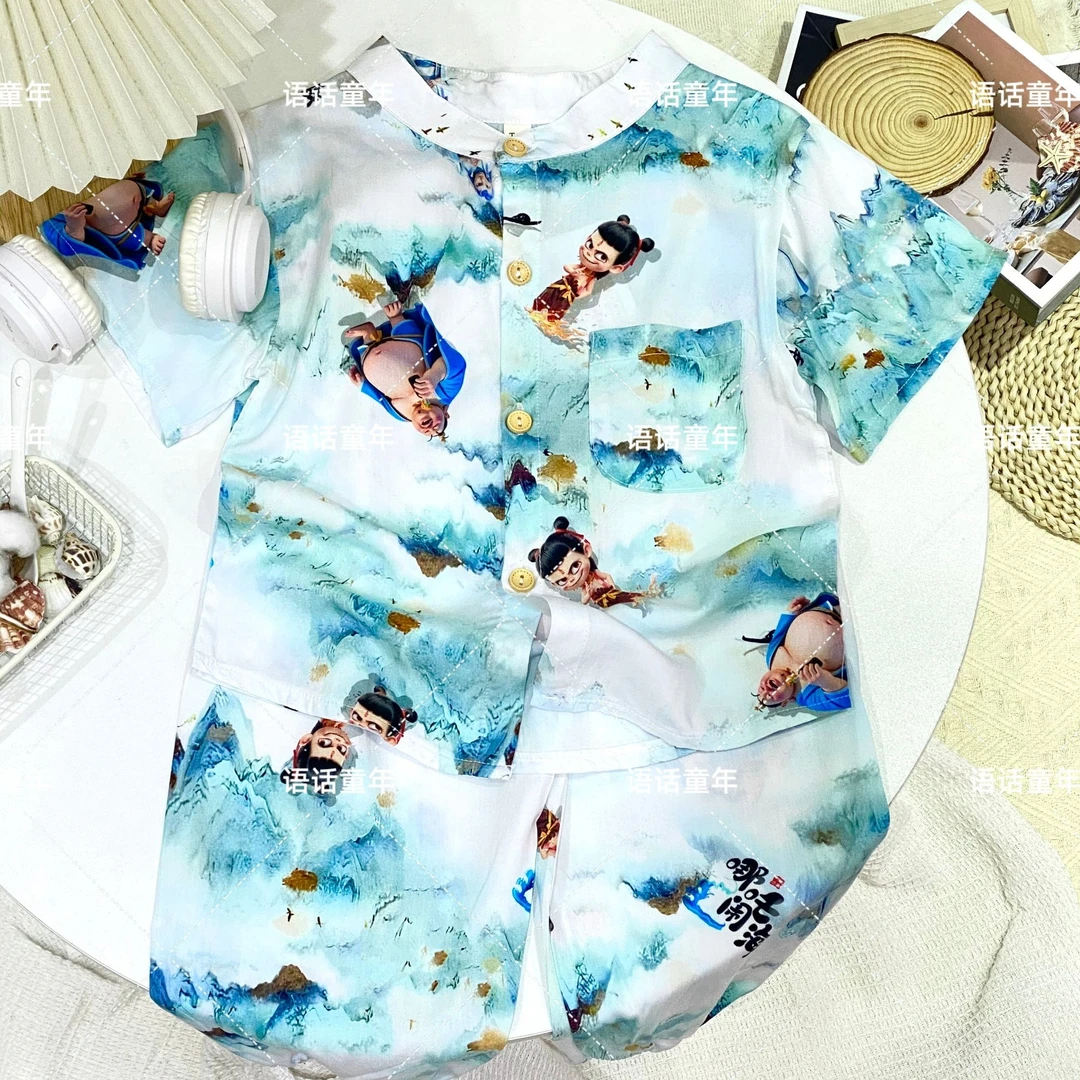 （棉棉）儿童绵绸套装男女童夏天防蚊长裤山东人造棉家居服外穿套装