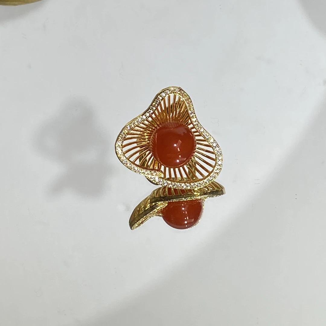 铜合金合成锆石戒指 TTSD 红色花型复古轻奢百搭款戒指 1341
