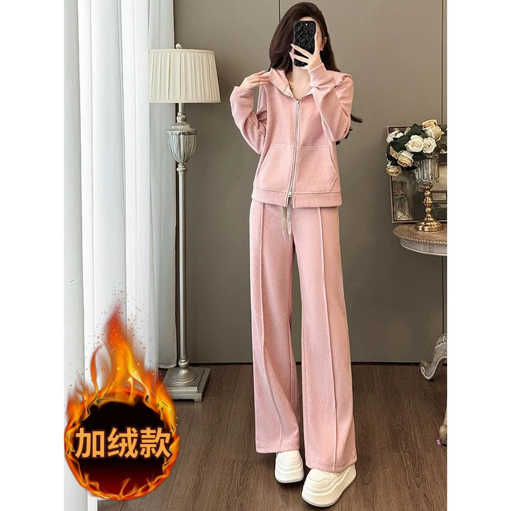 粉色时髦休闲运动套装女2025新款冬加绒加厚外套上衣阔腿裤两件套