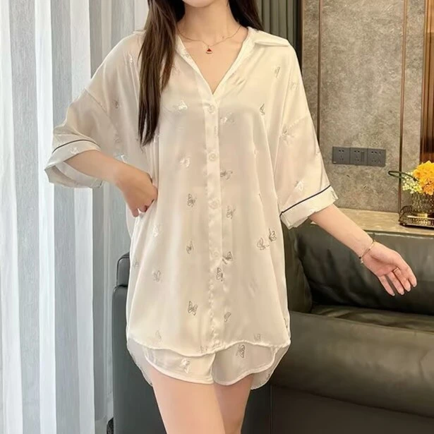 冰丝睡衣女2025新款夏季薄款开衫短袖高级感烫金银蝴蝶睡衣家居服