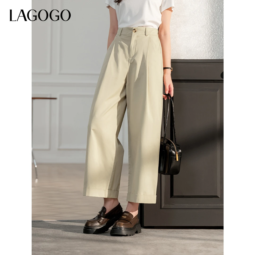 【新东方专属】lagogo2025新款显瘦松紧高腰翻边休闲裤女OAKK531G02