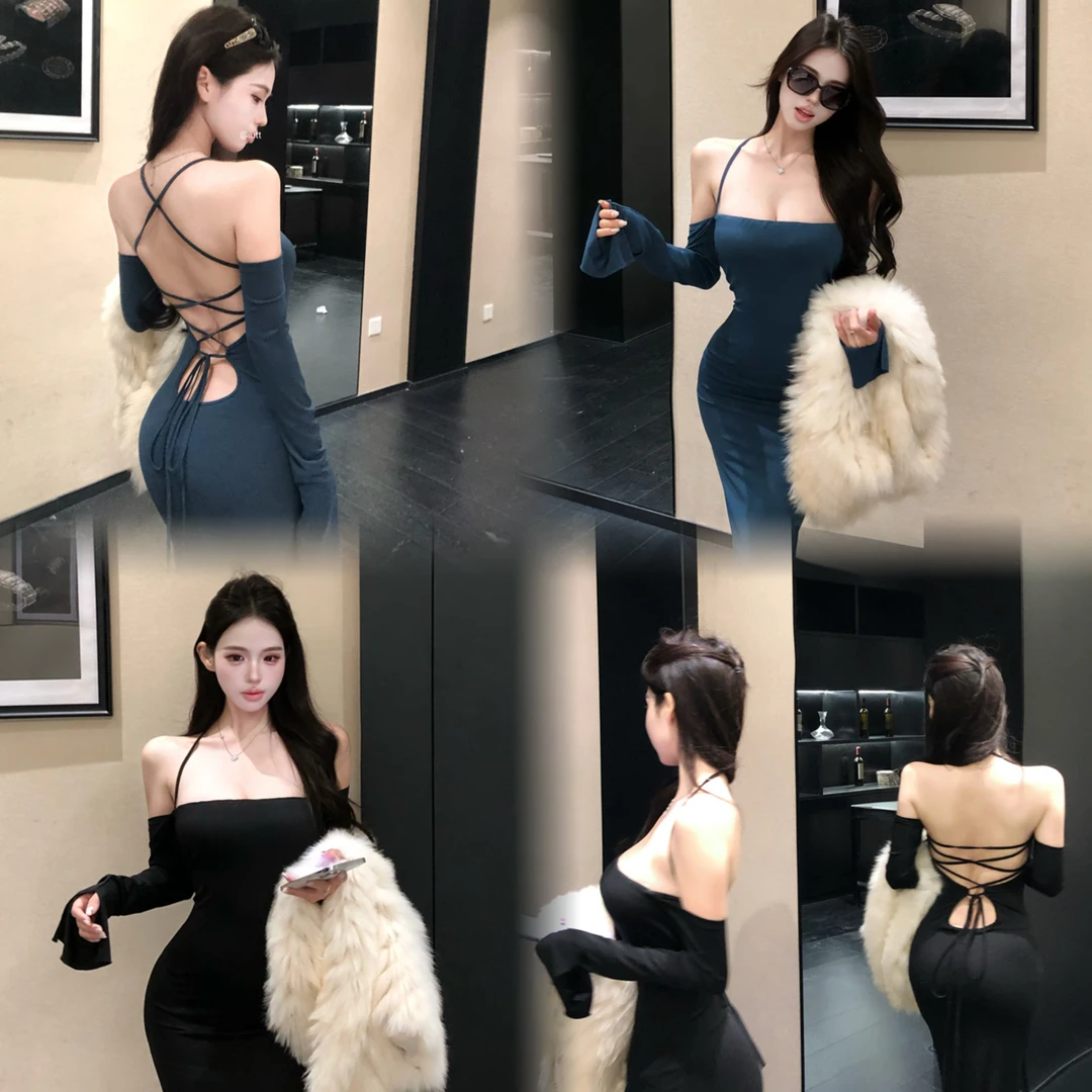 纯欲性感后背交叉镂空美背长袖包臀裙辣妹一字肩挂脖高级感连衣裙