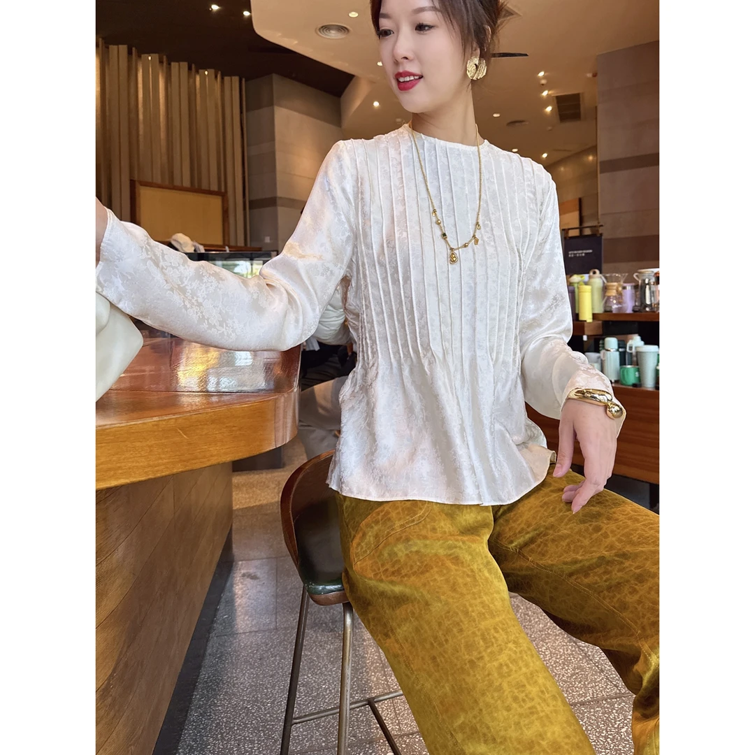 【老罗家】原创真丝衬衫女桑蚕丝花罗提花褶皱显瘦长袖圆领气质衬衣