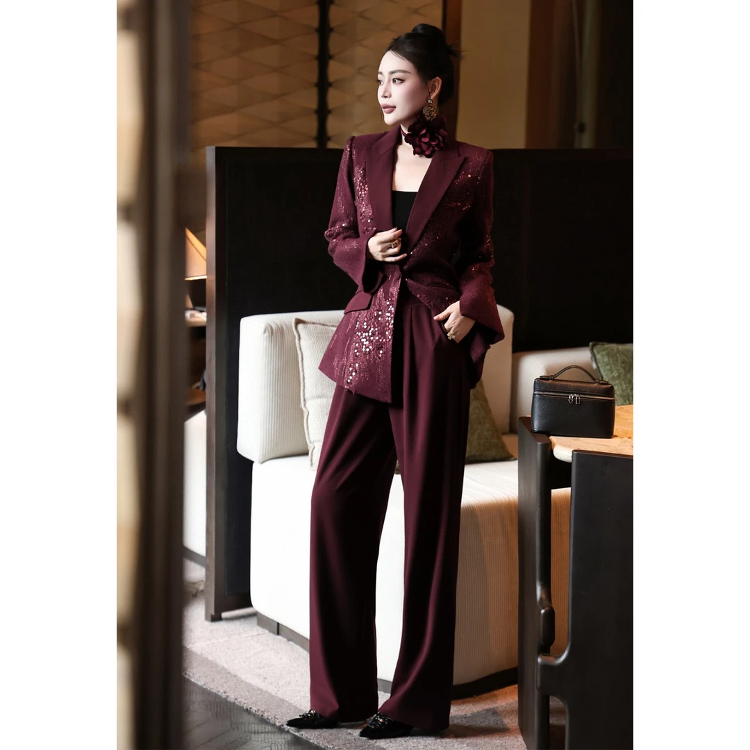 重工亮片法式配花朵西装外套直筒裤套装气质名媛修身显瘦两件套秋