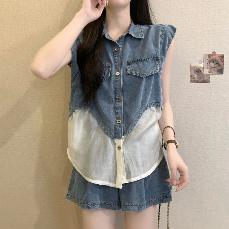 2025牛仔套装女夏季新款韩版无袖牛仔拼接上衣小个子短裤两件套
