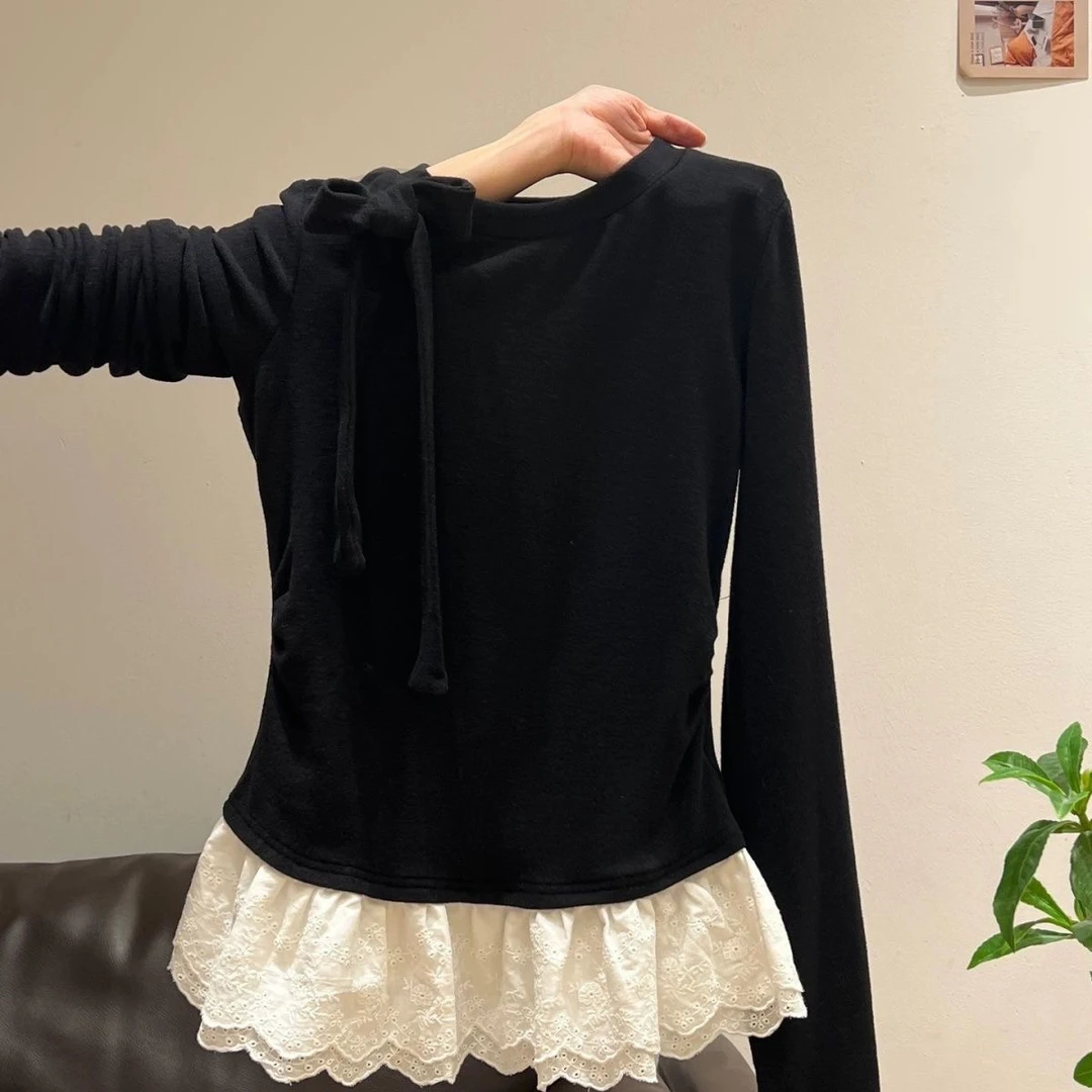 芭蕾风黑色蕾丝下摆蝴蝶结磨毛加绒长袖T恤秋季打底衫内搭上衣女