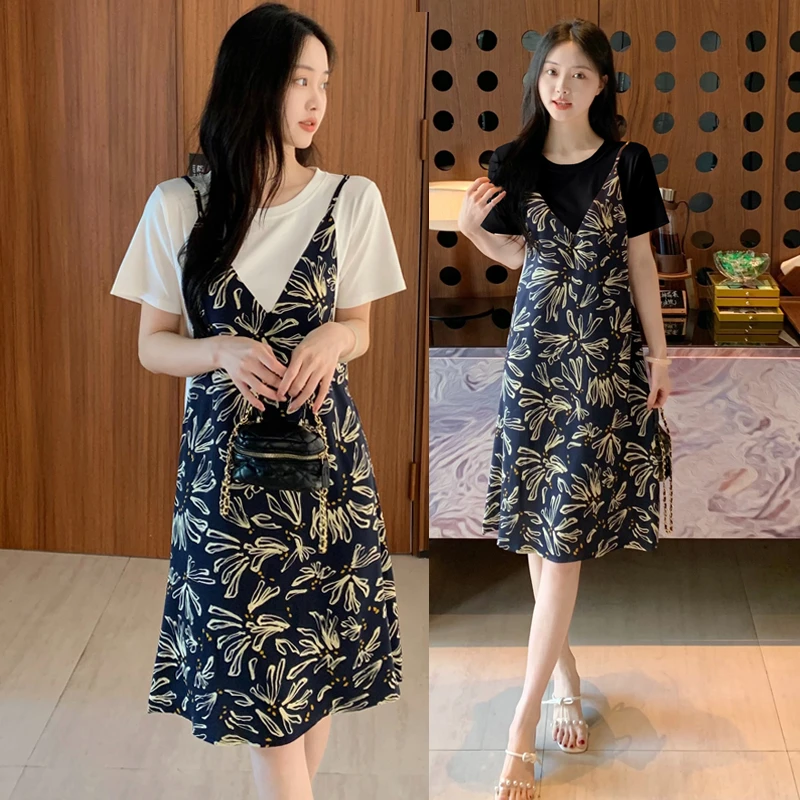 2025夏装新款法式时尚A字裙碎花雪纺拼接假两件吊带连衣裙显瘦903