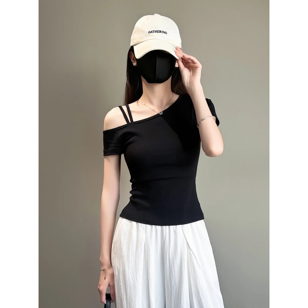 2025春夏新款一字斜领短袖t恤女设计感百搭小众显瘦打底衫上衣潮